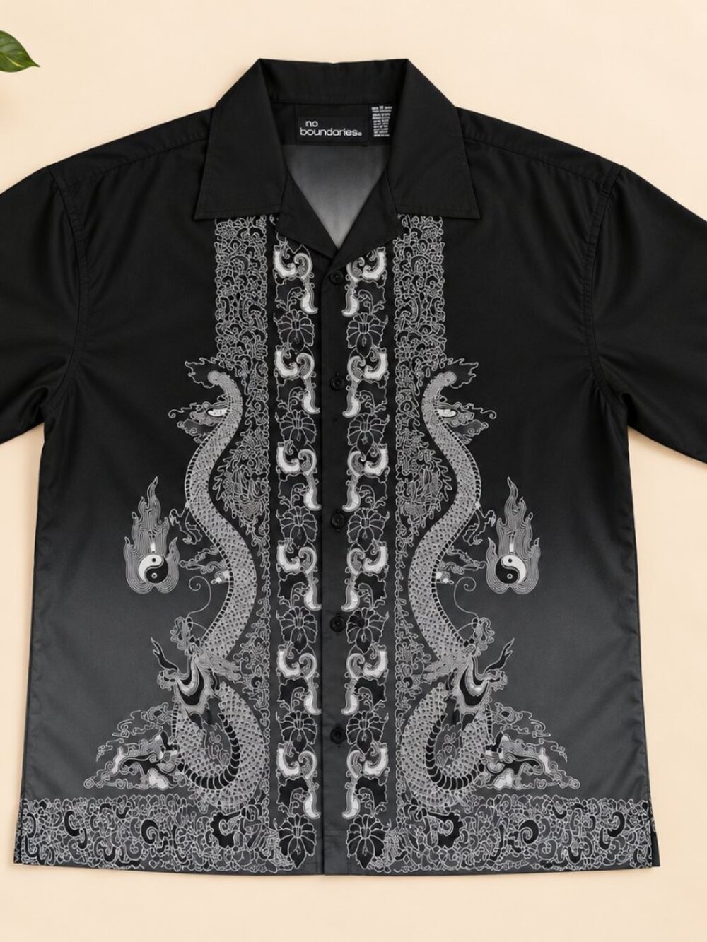 No Boundaries Men's Black Gray Dragon Graphic Button Down Shirt Y2K Small
